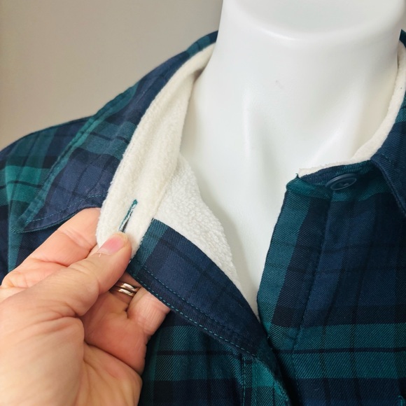 LL Bean Fleece Lined Black Watch Tartan Green Blue Plaid Flannel Womens Medium - Picture 4 of 7